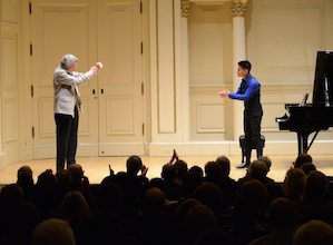 Getty with Conrad Tao after performance of Getty piano pieces at Weill Hall Gordon Getty