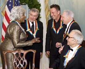 Bumbry, De Niro, Springsteen, Brooks, and Brubeck<br>at the White House reception<br>AP Photo by Kevin Wolf