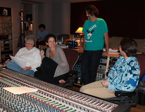 From left: Leslie Ann Jones and Ann Moss, recording her debut CD at Skywalker Ranch, with Liam Wade and Steve Bailey<br>Photo by Jeff Kaliss From left: Leslie Ann Jones and soprano Ann Moss, recording Moss's debut cd at Skywalker Ranch, wtih composer Liam Wade and pianist Steve Bailey. Photo by Jeff Kaliss
