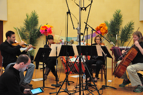 From lower left: Jason Poss (arranger), Philip Brezina (violin), Celia Harris (violin), Emily Onderdonk (viola), and Robin Reynolds (cello) at a recording session<br>Photo by Lorrie Murray String Arcade