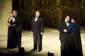 In <em>Falstaff</em>: Suzanne Hendrix, Alex Mansoori,<br/>Aleksey Bogdanov, Gregory Carroll, Kate Crist San Francisco Opera Merola Falstaff