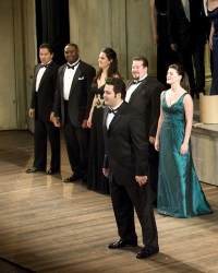 Final curtain (at the beginning<br/>of careers): Eleazar Rodriguez,<br/>Michael Sumuel, Maya Lahyani,<br/>Gregory Carroll, Sara Gartland,<br/>Aleksey Bogdanov<br/>Photos by Kristen Loken Anstey San Francisco Opera Merola Grand Finale