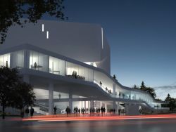 Rendering of exterior along Font Boulevard<br/>Images by Michael Maltzan Architecture