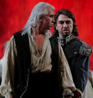 Dmitri Hovorostovsky, left, as Count di Luna, in San Francisco Opera's 2009 production of Verdi’s <em>Il Trovatore</em>, with Burak Bilgili as Ferrando (Photo by Cory Weaver/San Francisco Opera)