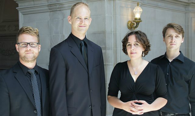 Four of the Gaude Ensemble: music director Jace Wittig, baritone Matthew Peterson, soprano Elizabeth Kimble, tenor Samuel Faustine (Photo by Adam Ward)