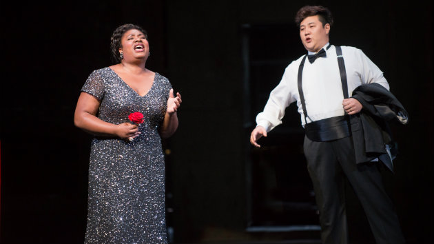 Raehann Bryce-Davis (Santuzza) and Kihun Yoon (Alfio) in a scene from Cavalleria Rusticana by Mascagni. (Photo by Kristen Loken)