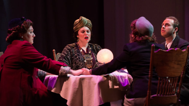(Left) Ashley Dixon (Mrs. Nolan), Nicole Woodward (Madame Flora/Baba), Austin Siebert (Mr. Gobineau) and Kathryn Bowden (Mrs. Gobineau) in Menotti’s The Medium. (Photo by Kristen Loken)