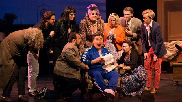 (Back row - left) Brad Walker (Betto), Austin Siebert (Marco), Ashley Dixon (Ciesca), Tara Curtis (Zita), Kathryn Bowden (Nella), Zachary Elmassian (Simone), and Alasdair Kent (Gherardo). (Front row - left) Christopher Bozeka (Rinuccio), Kihun Yoon (Gianni Schicchi) and Cree Carrico (Lauretta) in Puccini's Gianni Schicchi. (Photo by Kristen Loken)