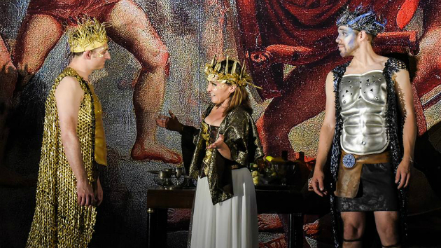 The gods showing pity on Ulysses: Gary Ruschman (Jupiter), Kindra Scharich (Minerva), and Aaron Sørensen (Neptune).