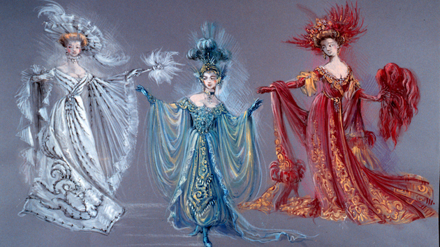 Thierry Bosquet’s costume design sketches for the title role of <em>The Merry Widow</em> (red dress was later modified) | <em>Courtesy of SF Opera</em>